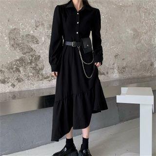 Asymmetrical Hem Midi A-line Dress With Chain Belt Bag