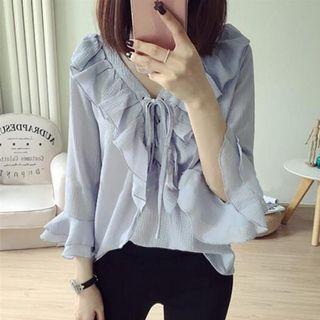 Bell-sleeve Chiffon Blouse / Lace Under Shorts