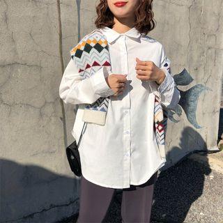 Plain Long-sleeve Shirt White - One Size