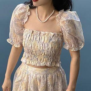 Short-sleeve Off-shoulder Floral Shirred Crop Top
