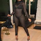 Long-sleeve Sheer Pinstriped Jumpsuit