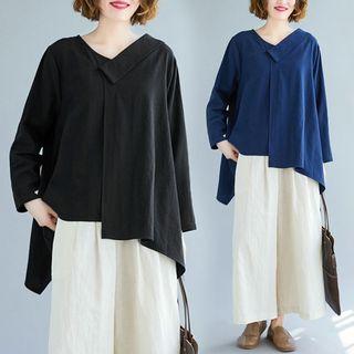 Plain Asymmetrical V-neck T Shirt