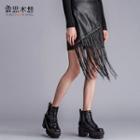 Fringed Faux Leather Mini Skirt