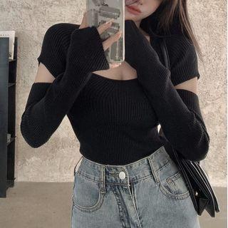 Cutout-sleeve Skinny Knit Crop Top