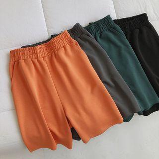 Plain Band-waist Straight-cut Shorts