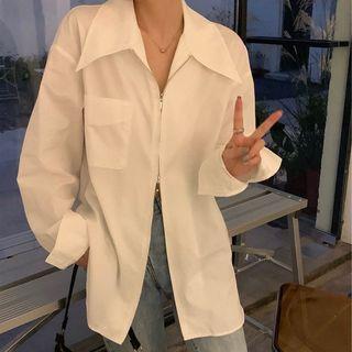 Plain Zip Polo-neck Blouse