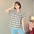 Short-sleeve Double-breasted Plaid Blouse