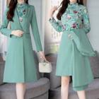 Set: Buttoned Coat + Floral Print Blouse + A-line Skirt