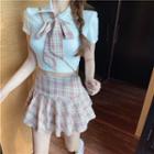 Set: Cropped Polo Shirt + Bowtie + Plaid Mini A-line Skirt
