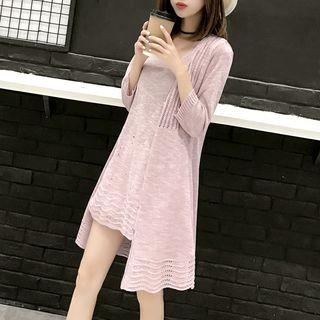 Set: Plain Knit Tank Dress + Open Knit Cardigan