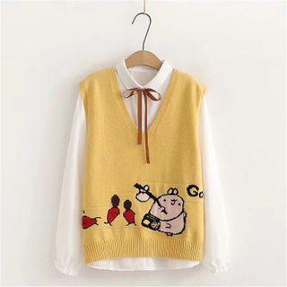 Set: Long-sleeve Frill Trim Bow Blouse + Cartoon Print Sweater Vest