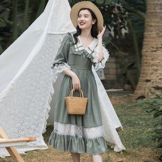 Elbow-sleeve Lace Trim Collared Midi A-line Dress