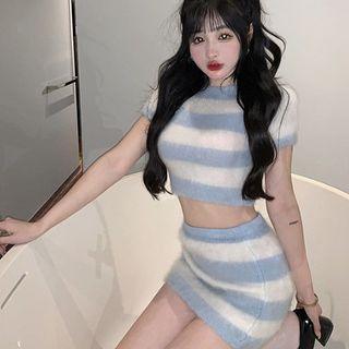 Short-sleeve Striped Knit Crop Top / Mini Pencil Skirt