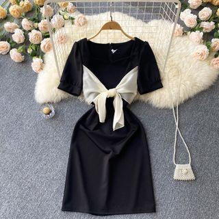 Short-sleeve Ribbon Sheath Dress