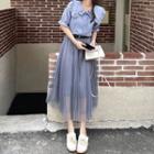 Puff-sleeve Ruffled Blouse / Midi A-line Mesh Skirt