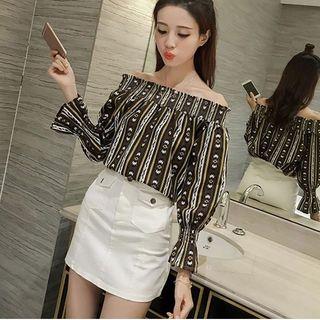 Patterned Off Shoulder Long Sleeve Chiffon Top