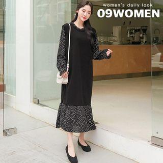 Frilled Dotted Maxi Mock Two-piece Dress