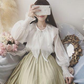 Set: Long-sleeve Wide Collar Blouse + Camisole Top Blouse - White - One Size / Camisole Top - White - One Size