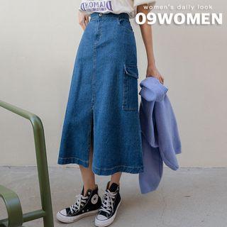 Cargo Slit-front Long Denim Skirt