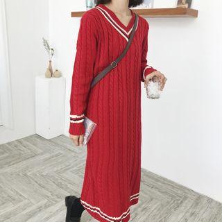 V-neck Long-sleeve Midi Cable Knit Dress
