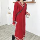 V-neck Long-sleeve Midi Cable Knit Dress