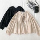 Ruffled-trim V-neck Lace-up Long-sleeve Blouse