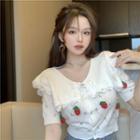 Short-sleeve Strawberry Applique Knit Crop Top White - One Size
