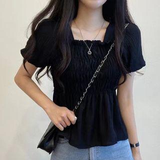 Puff Sleeve Plain Smocked Blouse