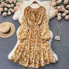 Round-neck Floral Puff-sleeve Ruffle Dress