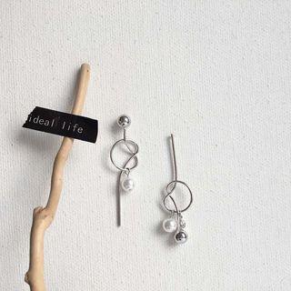Non-matching Faux Pearl Wirework Dangle Earring 1 Pair - 925 Silver - One Size