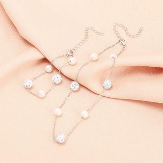 Set Of 2: Rhinestone Faux Pearl Alloy Bracelet White - One Size