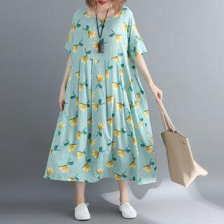 Short-sleeve Floral Midi Dress Floral - Bluish Green - One Size