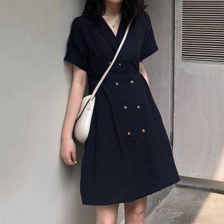 V-neck Short-sleeve A-line Dress Navy Blue - One Size