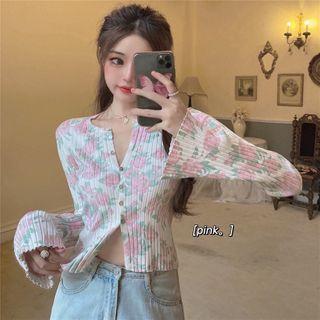 Long-sleeve Button-up T-shirt White & Pink & Blue - One Size
