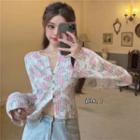 Long-sleeve Button-up T-shirt White & Pink & Blue - One Size