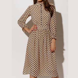 Long-sleeve Dot Print Mock-neck Midi Dress