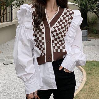 Mock Two-piece Checkered Ruffle Blouse