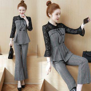 Set: Lace Panel 3/4-sleeve Top + Boot-cut Pants