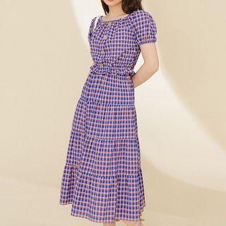 Set: Off-shoulder Gingham Top + Ruched Skirt