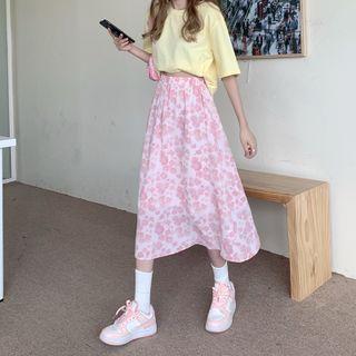 Floral A-line Midi Skirt Pink - One Size