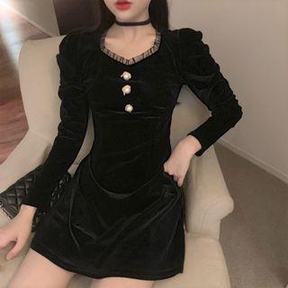 Long-sleeve Velvet Mesh Trim A-line Dress