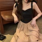 Wide Strap Two-tone Panel Midi A-line Dress Black & Camel - One Size