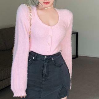 Plain Furry Knit Slim Fit Cardigan Pink - One Size