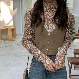 Mock-neck Floral Blouse / Knit Cropped Camisole Top