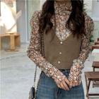 Mock-neck Floral Blouse / Knit Cropped Camisole Top