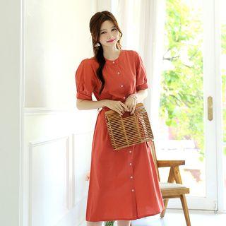 Puff-sleeve Linen Blend Long Shirtdress With Sash