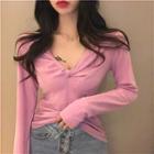 Knot V-neck Long-sleeve Slim-fit Top