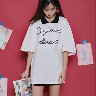 Contrast Collar Lettering Elbow-sleeve T-shirt