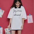 Contrast Collar Lettering Elbow-sleeve T-shirt