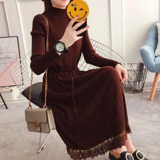 Long-sleeve Mock-neck Lace Hem Midi Knit Dress